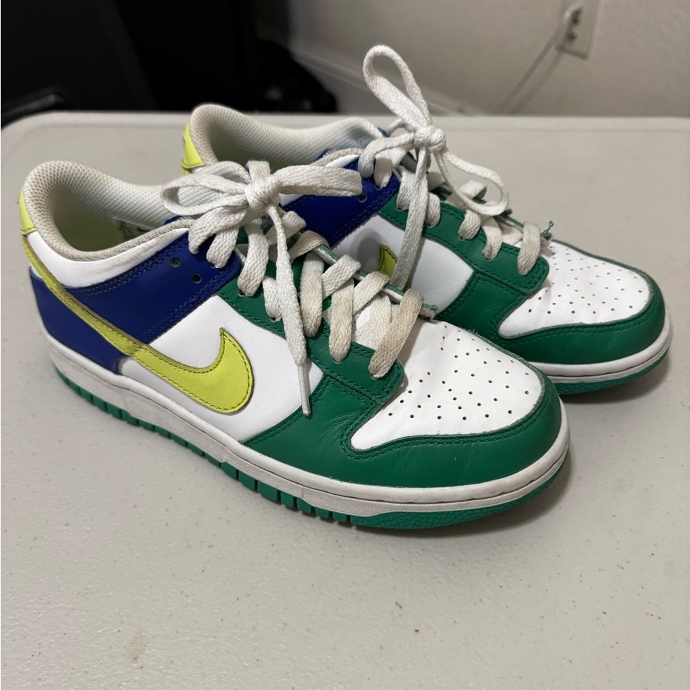 Nike Dunk Low GS (Grade School) in the Stadium Green, Game Royal, and White